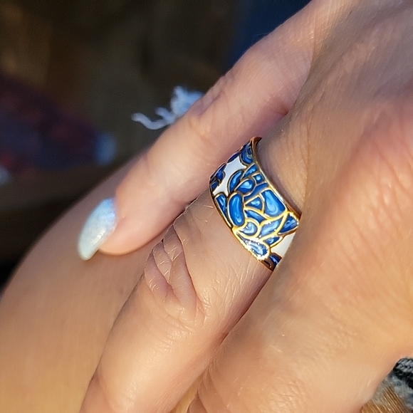 18k Gold Cloisonné Floral Cuff Ring - Picture 3 of 7